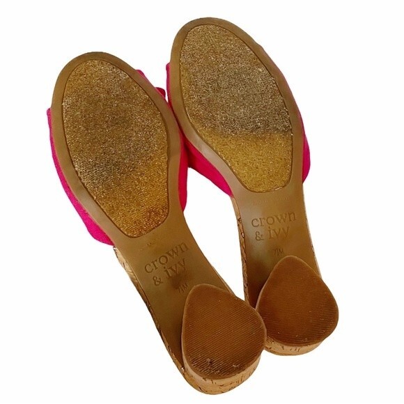 Crown & Ivy Winnie Slides Fuchsia Fabric Bow Cork Block Heel Sandal Size 7.5 - Picture 13 of 14